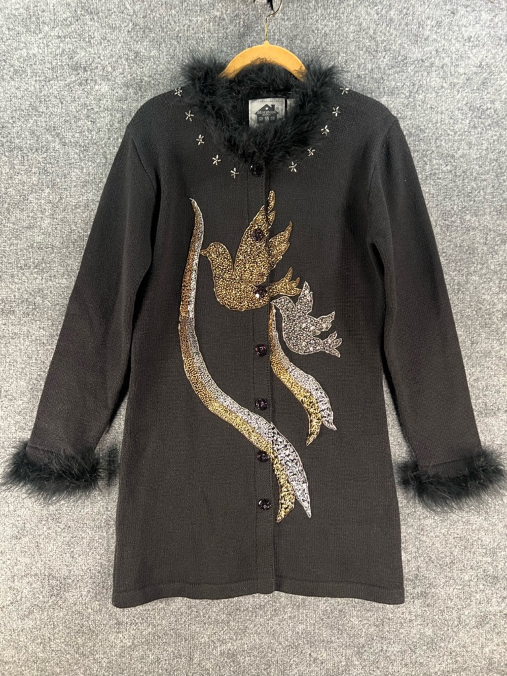 Storybook Knits Christmas Peace To The World Sequin Feathers Long Cardigan Sz XS